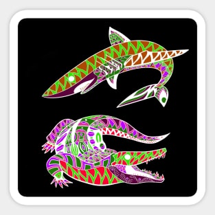 shark and alligator attack ecopop tribal totonac pattern art Sticker